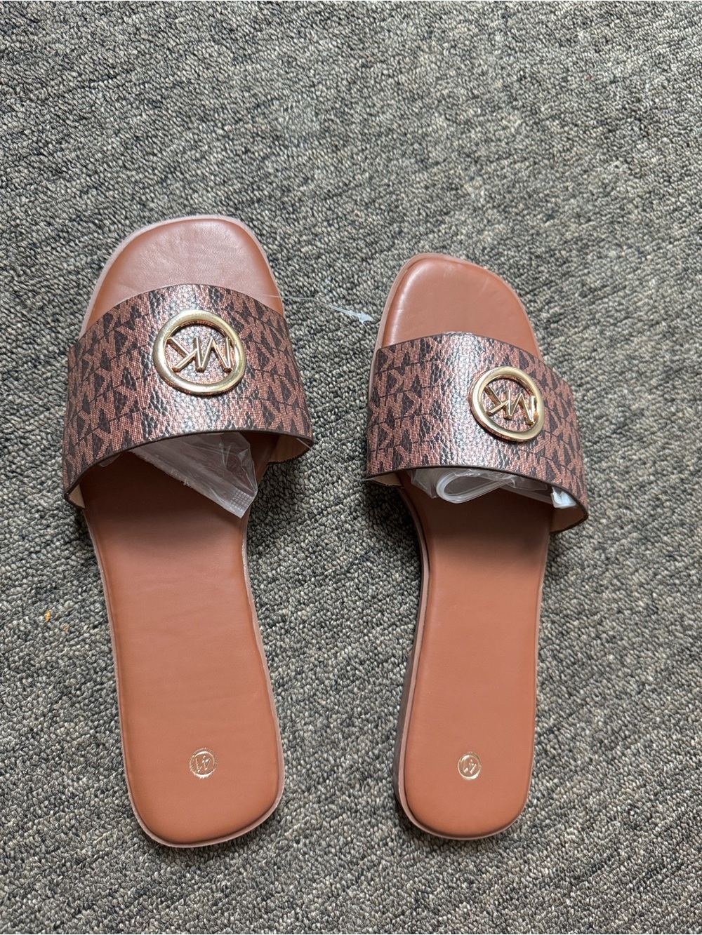 Michael Kors Brown Logo Slide Sandals with Gold MK Medallions